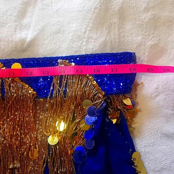 Belly Dancer Ornate Beaded Blue Gold Two Piece Bra Sheer Layered Tiered Skirt - Picture 10 of 13